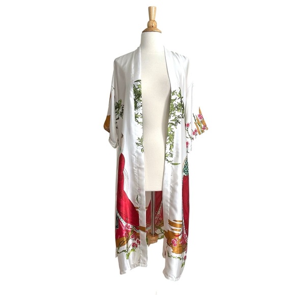 Asian Inspired Geisha Print White Satin Kimono Robe Topper Modern Bohemian M - Picture 9 of 13